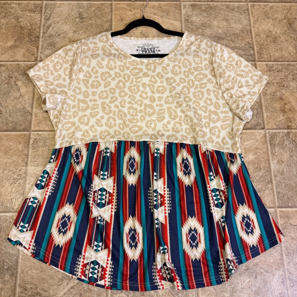 Crazy Train XXL Leopard Southwestern Babydoll Top Short Sleeve Mixed Print Tee